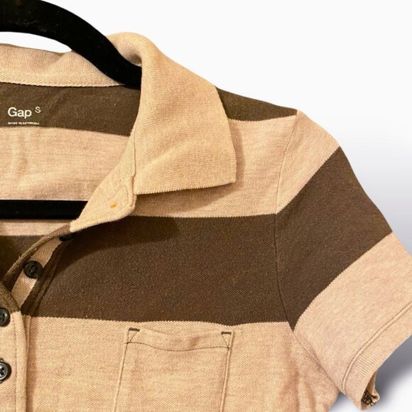 GAP Y2K Polo Shirt Womans S Green Tan Striped Classic Cap Sleeve Slim Fit EUC - Picture 2 of 5